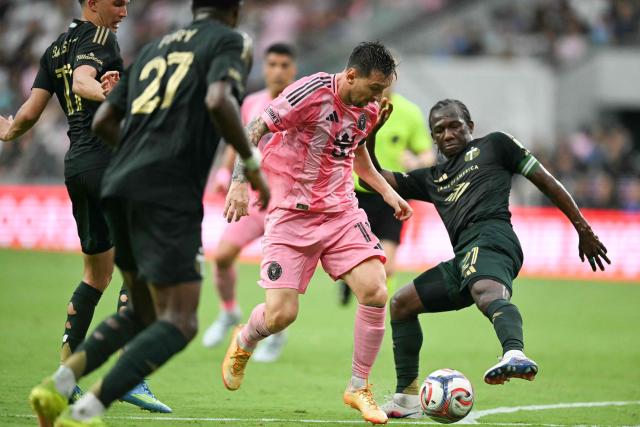 Inter Miami's Argentine forward #10 Lionel Messi controls the ball during a Major League Soccer (MLS) regular season football match between Intern Miami CF and Portland Timbers at Nu Stadium in Miami, Florida, on May 17, 2026. (Photo by CHANDAN KHANNA / AFP)