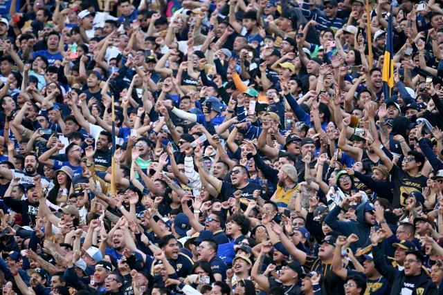 Pumas fans cheer the Liga MX Clausura semifinal second-leg football match between Pumas UNAM and Pachuca at Olimpico Universitario stadium in Mexico City on May 17, 2026. (Photo by YURI CORTEZ / AFP)