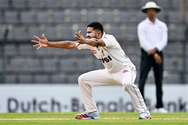 Pakistan’s Khurram Shahzad successfully appeals for leg before wicket (LBW) against Bangladesh’s Najmul Hossain Shanto during the third day of the second Test cricket match between Bangladesh and Pakistan at the Sylhet International Cricket Stadium in Sylhet on May 18, 2026. (Photo by Munir UZ ZAMAN / AFP)
