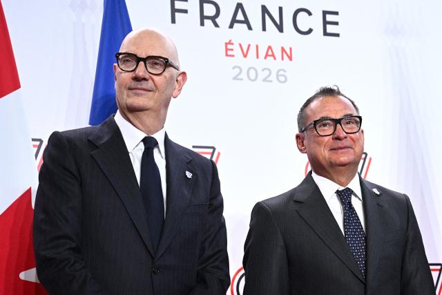 France's Economy, Finances and Industry Minister Roland Lescure (L) greets President of the German Bundesbank Joachim Nagel prior to a meeting of G7 Finance Ministers and Central Bank Governors in preparation for the summit of heads of State and government to be held in June 2026 in Evian, in Paris on May 18, 2026. (Photo by JULIEN DE ROSA / AFP)