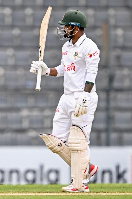 Bangladesh Litton Das celebrates after scoring a half-century (50 runs) during the third day of the second Test cricket match between Bangladesh and Pakistan at the Sylhet International Cricket Stadium in Sylhet on May 18, 2026. (Photo by Munir UZ ZAMAN / AFP)