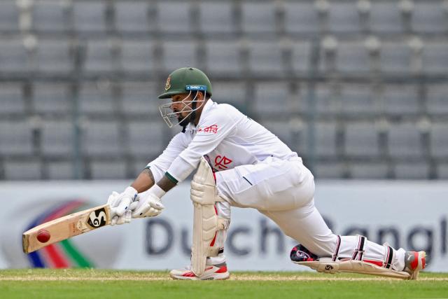 Bangladesh Litton Das plays a shot during the third day of the second Test cricket match between Bangladesh and Pakistan at the Sylhet International Cricket Stadium in Sylhet on May 18, 2026. (Photo by Munir UZ ZAMAN / AFP)