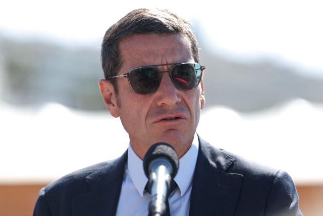 Mayor of Cannes David Lisnard delivers a speech during a ceremony to rename Plage Mace "Brigitte Bardot Beach" on the sidelines of the 79th edition of the Cannes Film Festival in Cannes, southern France, on May 18, 2026. (Photo by Sameer AL-DOUMY / AFP)