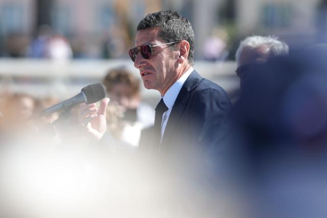 Mayor of Cannes David Lisnard delivers a speech during a ceremony to rename Plage Mace "Brigitte Bardot Beach" on the sidelines of the 79th edition of the Cannes Film Festival in Cannes, southern France, on May 18, 2026. (Photo by Sameer AL-DOUMY / AFP)