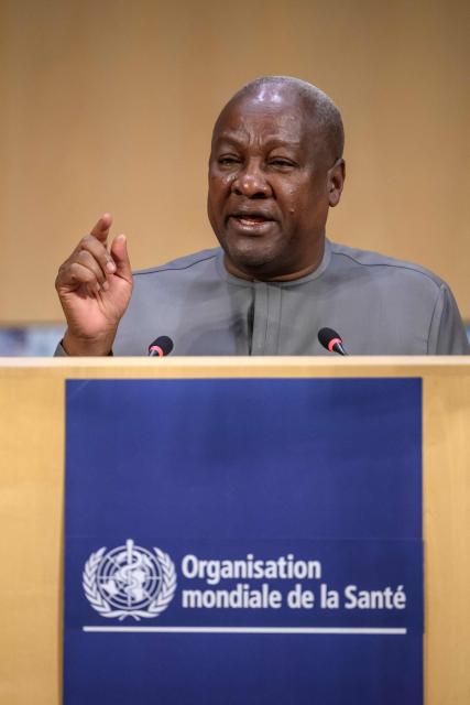 Ghana's President John Dramani Mahama delivers a speech at the opening of the 79th World Health Organization (WHO) assembly in Geneva, on May 18, 2026. (Photo by Fabrice COFFRINI / AFP)