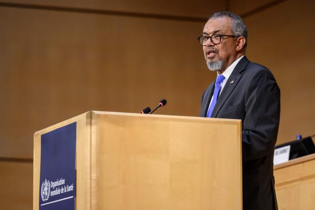 World Health Organization (WHO) Director-General Tedros Adhanom Ghebreyesus delivers a speech at the opening of the 79th World Health Organization (WHO) assembly in Geneva, on May 18, 2026. (Photo by Fabrice COFFRINI / AFP)