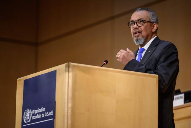 World Health Organization (WHO) Director-General Tedros Adhanom Ghebreyesus delivers a speech at the opening of the 79th World Health Organization (WHO) assembly in Geneva, on May 18, 2026. (Photo by Fabrice COFFRINI / AFP)