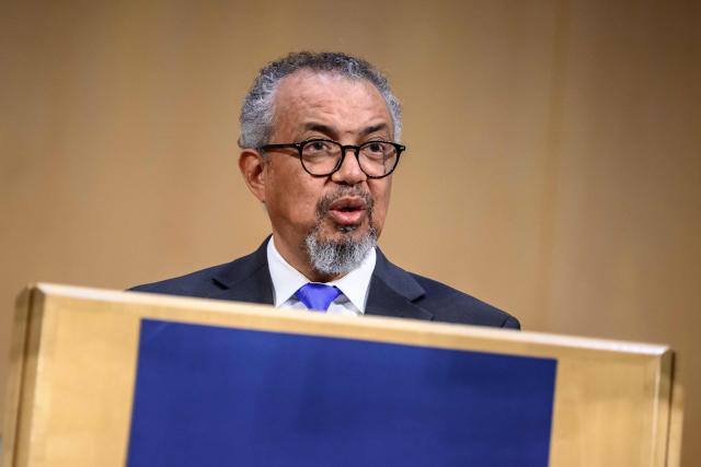 World Health Organization (WHO) Director-General Tedros Adhanom Ghebreyesus delivers a speech at the opening of the 79th World Health Organization (WHO) assembly in Geneva, on May 18, 2026. WHO member states gather for their annual meeting in Geneva amid concern over deadly hantavirus and Ebola outbreaks and uncertainty over announced US and Argentinian withdrawals. (Photo by Fabrice COFFRINI / AFP)