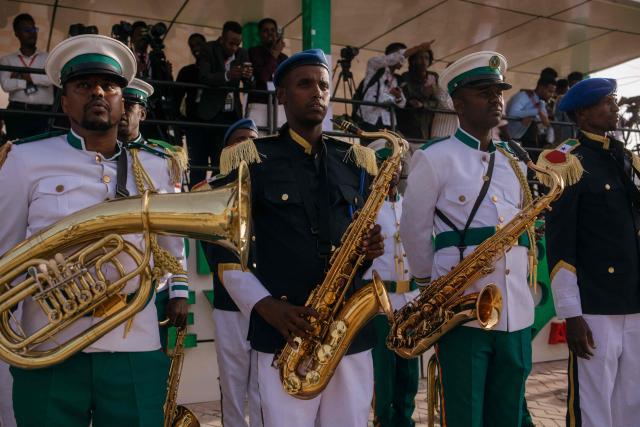 The Somaliland military band perform at the 35th Independence day celebrations near the presidential palace in Hargeisa's Shap neighbourhood on May 18, 2026. (Photo by Kang-Chun Cheng / AFP)