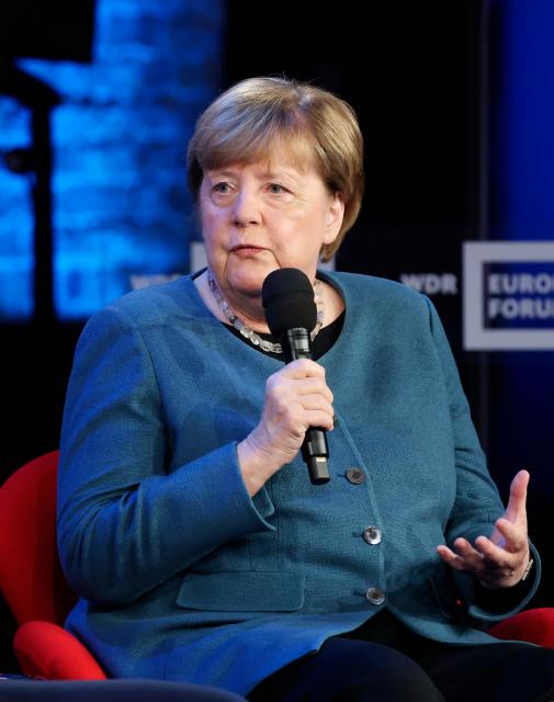 Former German Chancellor and member of the conservative Christian Democratic Union (CDU) Angela Merkel sits on stage as she takes part in a panel discussion themed "Despite everything, is there hope in Europe?" at the Re:Publica fair ground during the opening of the Re:publica digital conference in Berlin, on May 18, 2026. (Photo by Odd ANDERSEN / AFP)