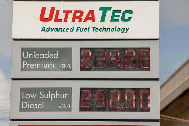 A general view of fuel and diesel prices displayed at a fuel station during a nationwide transport strike over rising fuel prices in Nairobi on May 18, 2026. Public transport was largely shut down and protesters barricaded roads in Kenya on May 18, 2026 as a strike was called over a fuel price hike triggered by the Middle East war.
Kenya is one of many African countries dependent on fuel imports from the Gulf, and heavily hit by Iran's effective closure of the Strait of Hormuz through which a fifth of the world's oil normally passes. (Photo by SIMON MAINA / AFP)