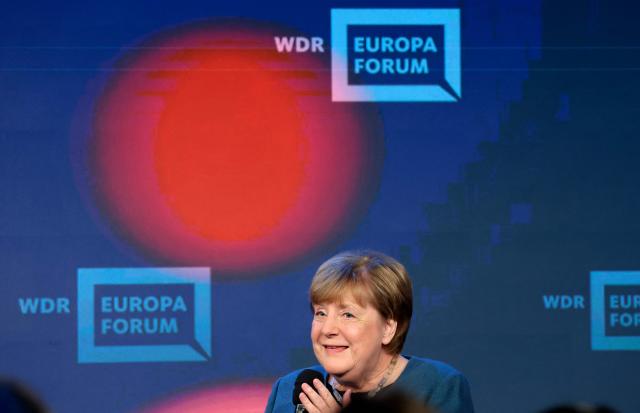 Former German Chancellor and member of the conservative Christian Democratic Union (CDU) Angela Merkel speaks on stage as she takes part in a panel discussion themed "Despite everything, is there hope in Europe?" at the Re:Publica fair ground during the opening of the Re:publica digital conference in Berlin, on May 18, 2026. (Photo by Odd ANDERSEN / AFP)
