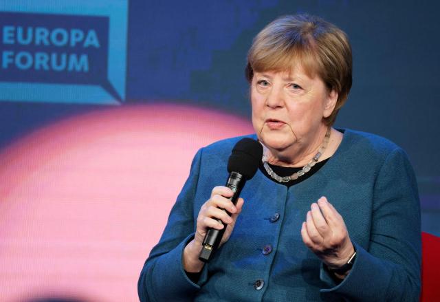 Former German Chancellor and member of the conservative Christian Democratic Union (CDU) Angela Merkel sits on stage as sHe takes part in a panel discussion themed "Despite everything, is there hope in Europe?" at the Re:Publica fair ground during the opening of the Re:publica digital conference in Berlin, on May 18, 2026. (Photo by Odd ANDERSEN / AFP)