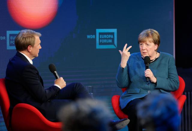 Former German Chancellor and member of the conservative Christian Democratic Union (CDU) Angela Merkel speaks on stage with journalist Markus Preiss as she takes part in a panel discussion themed "Despite everything, is there hope in Europe?" at the Re:Publica fair ground during the opening of the Re:publica digital conference in Berlin, on May 18, 2026. (Photo by Odd ANDERSEN / AFP)