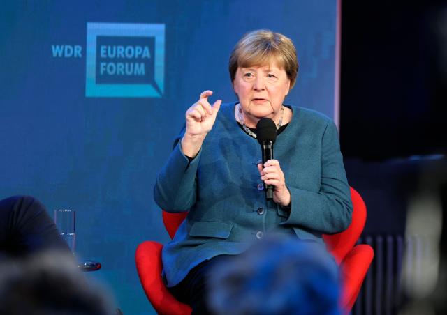 Former German Chancellor and member of the conservative Christian Democratic Union (CDU) Angela Merkel speaks on stage as she takes part in a panel discussion themed "Despite everything, is there hope in Europe?" at the Re:Publica fair ground during the opening of the Re:publica digital conference in Berlin, on May 18, 2026. (Photo by Odd ANDERSEN / AFP)