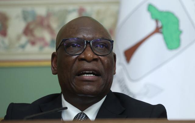 Minister of Foreign Affairs and International Cooperation of Equatorial Guinea Simeon Oyono Esono Angue attends a joint press conference with Russian Foreign Minister following their talks in Moscow on May 18, 2026. (Photo by MAXIM SHIPENKOV / POOL / AFP)