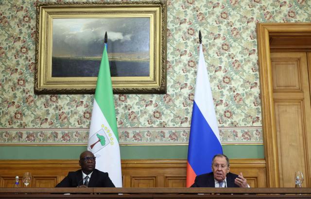 Russian Foreign Minister Sergei Lavrov and Minister of Foreign Affairs and International Cooperation of Equatorial Guinea Simeon Oyono Esono Angue hold a joint press conference following their talks in Moscow on May 18, 2026. (Photo by MAXIM SHIPENKOV / POOL / AFP)