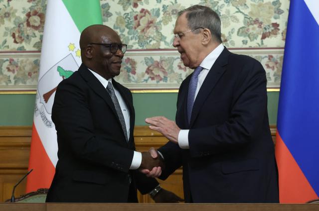 Russian Foreign Minister Sergei Lavrov and Minister of Foreign Affairs and International Cooperation of Equatorial Guinea Simeon Oyono Esono Angue hold a joint press conference following their talks in Moscow on May 18, 2026. (Photo by MAXIM SHIPENKOV / POOL / AFP)