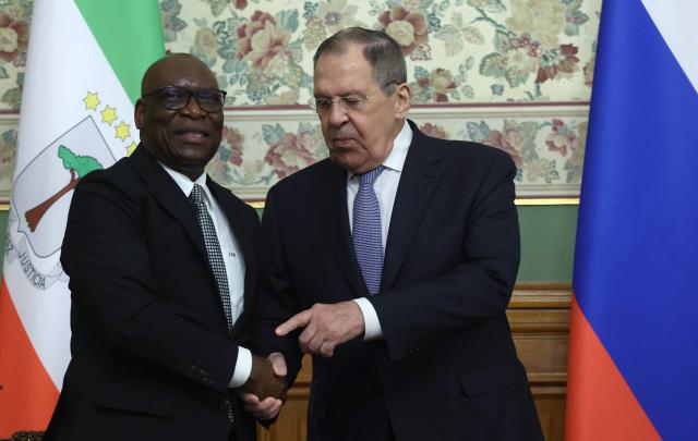 Russian Foreign Minister Sergei Lavrov and Minister of Foreign Affairs and International Cooperation of Equatorial Guinea Simeon Oyono Esono Angue hold a joint press conference following their talks in Moscow on May 18, 2026. (Photo by MAXIM SHIPENKOV / POOL / AFP)
