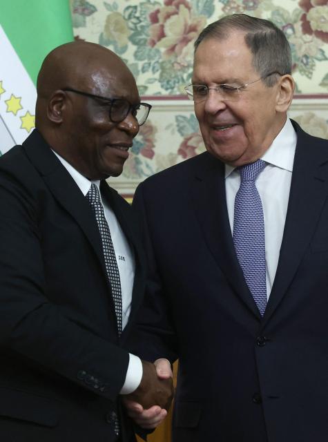 Russian Foreign Minister Sergei Lavrov and Minister of Foreign Affairs and International Cooperation of Equatorial Guinea Simeon Oyono Esono Angue hold a joint press conference following their talks in Moscow on May 18, 2026. (Photo by MAXIM SHIPENKOV / POOL / AFP)