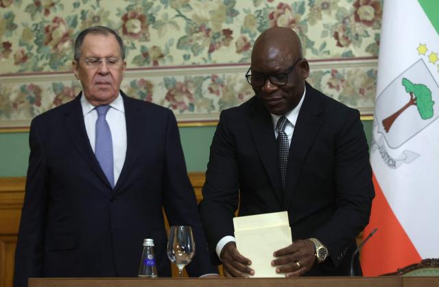 Russian Foreign Minister Sergei Lavrov and Minister of Foreign Affairs and International Cooperation of Equatorial Guinea Simeon Oyono Esono Angue hold a joint press conference following their talks in Moscow on May 18, 2026. (Photo by MAXIM SHIPENKOV / POOL / AFP)