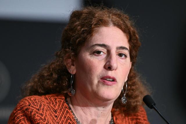 Palestinian director Annemarie Jacir attends the Displacement Film Fund press conference at the 79th edition of the Cannes Film Festival in Cannes, southern France, on May 18, 2026. (Photo by Blanca CRUZ / AFP)