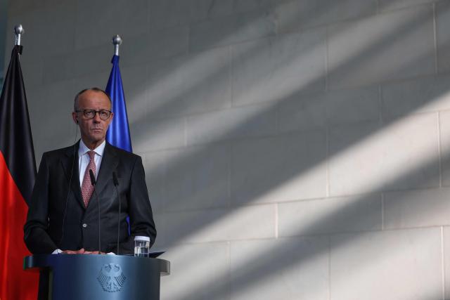 German Chancellor Friedrich Merz addresses a press conference after talks with his Bulgarian counterpart at the Chancellery in Berlin on May 18, 2026. (Photo by Odd ANDERSEN / AFP)