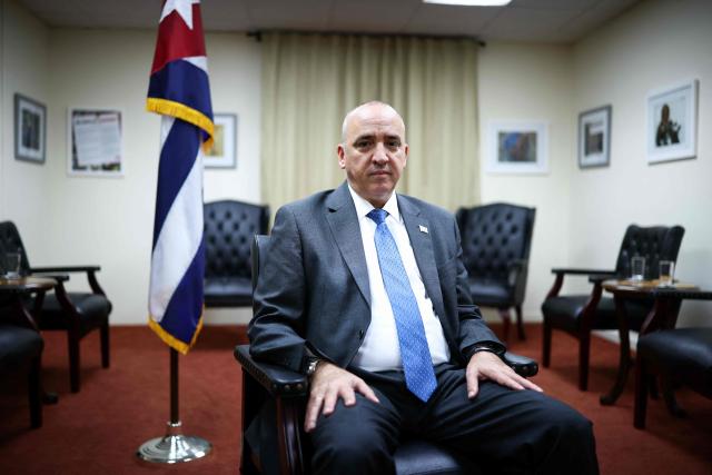 Permanent Representative of Cuba to the United Nations, Ernesto Soberon Guzman is pictured during an interview with AFP at the Permanent Mission of Cuba to the United Nations in New York on May 18, 2026. The Cuban ambassador to the UN told AFP Monday the idea of an attack by Cuba against the United States "makes no sense." (Photo by CHARLY TRIBALLEAU / AFP)