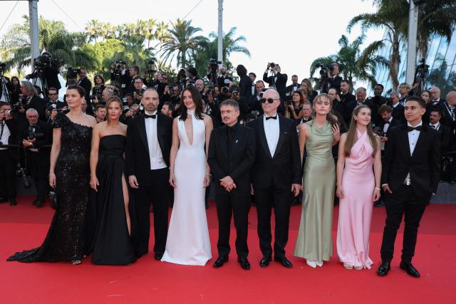 (From L) Norwegian actress Lisa Loven Kongsli, Swedish actress Lisa Carlehed, Romanian-US actor Sebastian Stan, Norwegian actress Renate Reinsve, Romanian director, screenwriter and producer Cristian Mungiu, Norwegian actress Markus Scarth Tonseth, Norwegian actress Henrikke Lund Olsen, Romanian actress Vanessa Ceban and actor Jonathan Ciprian Breazu arrive for the screening of the film "Fjord" at the 79th edition of the Cannes Film Festival in Cannes, southern France on May 18, 2026. (Photo by Sameer AL-DOUMY / AFP)