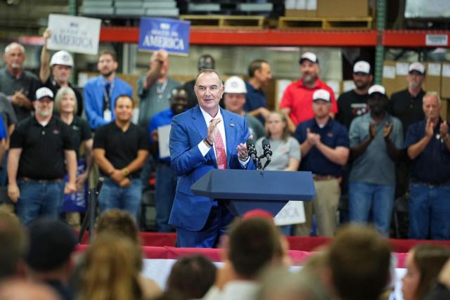 Missouri Governor Mike Kehoe speaks during an event with US Vice President JD Vance (not pictured) at Milbank Manufacturing Company in Kansas City, Missouri, on May 18, 2026. (Photo by Eric Lee / POOL / AFP)