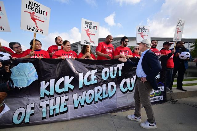 California Gubernatorial candidate Tom Steyer joins Sofi Stadium workers, including cooks, bartenders, dishwashers, servers and cashiers, in a protest outside the stadium, ahead of the 2026 FIFA World Cup in Inglewood, California, on May 18, 2026. Members of UNITE HERE Local 11 are fighting to keep ICE out of their workplace during the 2026 FIFA World Cup. (Photo by Frederic J. BROWN / AFP)