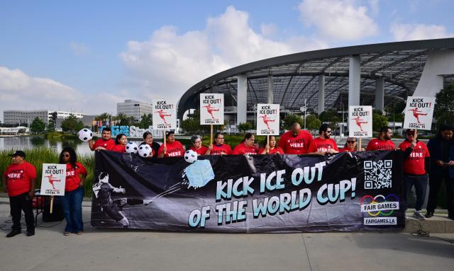 Sofi Stadium workers, including cooks, bartenders, dishwashers, servers and cashiers, protest outside the stadium, ahead of the 2026 FIFA World Cup in Inglewood, California, on May 18, 2026. Members of UNITE HERE Local 11 are fighting to keep ICE out of their workplace during the 2026 FIFA World Cup. (Photo by Frederic J. BROWN / AFP)