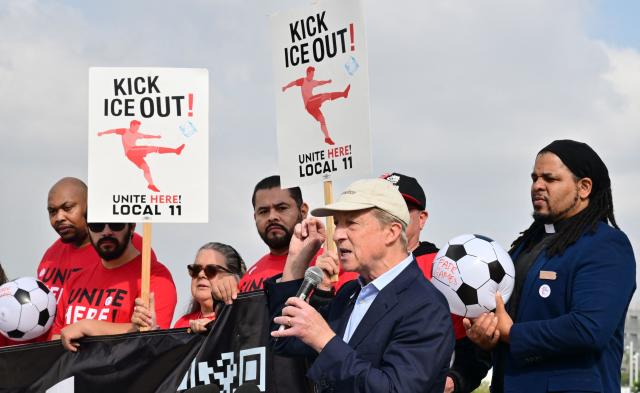 California Gubernatorial candidate Tom Steyer speaks as he joins Sofi Stadium workers, including cooks, bartenders, dishwashers, servers and cashiers, in a protest outside the stadium, ahead of the 2026 FIFA World Cup in Inglewood, California, on May 18, 2026. Members of UNITE HERE Local 11 are fighting to keep ICE out of their workplace during the 2026 FIFA World Cup. (Photo by Frederic J. BROWN / AFP)