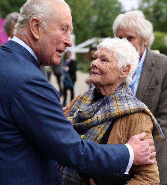 Britain's King Charles III talks with actor Judi Dench at the 2026 RHS Chelsea Flower Show in London on May 18, 2026. (Photo by Adrian DENNIS / POOL / AFP)