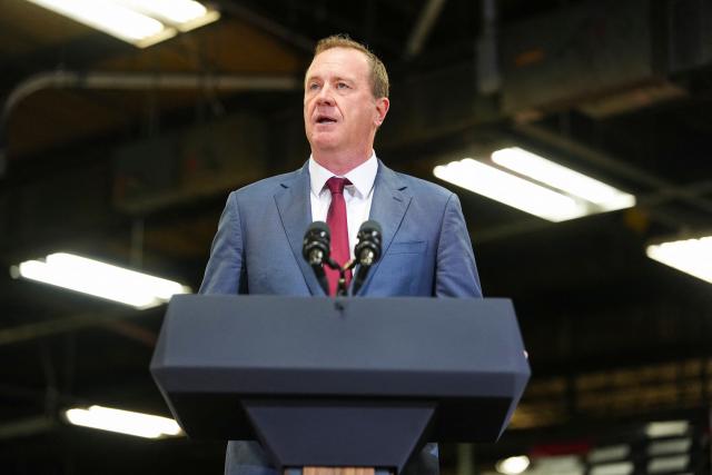US Senator Eric Schmitt, a Republican of Missouri speaks during an event with US Vice President JD Vance at Milbank Manufacturing Company in Kansas City, Missouri, on May 18, 2026. (Photo by Eric Lee / POOL / AFP)