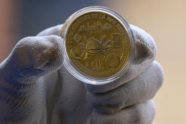 View of one of the 12 commemorative coins issued for the 2026 FIFA World Cup at the headquarters of the Bank of Mexico, in Mexico City, on May 18, 2026. The new coins are dedicated to venues that will host the 2026 FIFA World Cup in Mexico, while others highlight the country's natural, historical and cultural heritage, with four additional coins set to enter general circulation (Photo by Alfredo ESTRELLA / AFP)