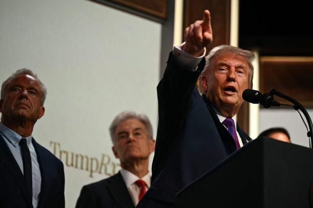 US President Donald Trump takes questions from the press during a healthcare affordability event in the South Court Auditorium of The White House in Washington, DC, on May 18, 2026. (Photo by Kent NISHIMURA / AFP)