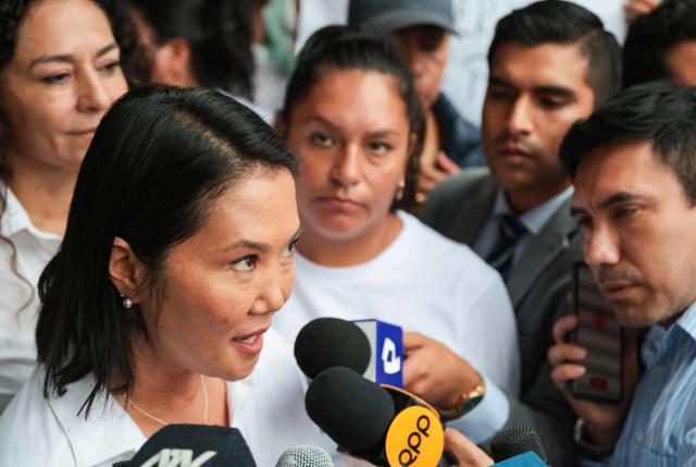 Peru's presidential candidate for the Fuerza Popular party, Keiko Fujimori, speaks with the press during a campaign event at the Eden market in Callao, Peru on May 18, 2026. Right-wing candidate Keiko Fujimori and left-wing candidate Roberto Sanchez will face off on June 7 in Peru's presidential runoff, the electoral authority confirmed on May 17 when it officially proclaimed the results. (Photo by Connie FRANCE / AFP)