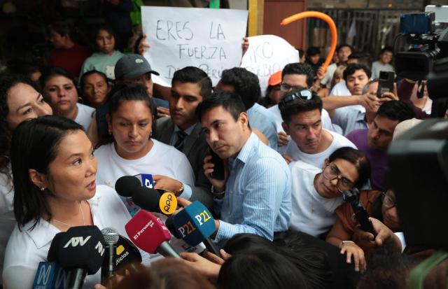 Peru's presidential candidate for the Fuerza Popular party, Keiko Fujimori, speaks with the press during a campaign event at the Eden market in Callao, Peru on May 18, 2026. Right-wing candidate Keiko Fujimori and left-wing candidate Roberto Sanchez will face off on June 7 in Peru's presidential runoff, the electoral authority confirmed on May 17 when it officially proclaimed the results. (Photo by Connie FRANCE / AFP)