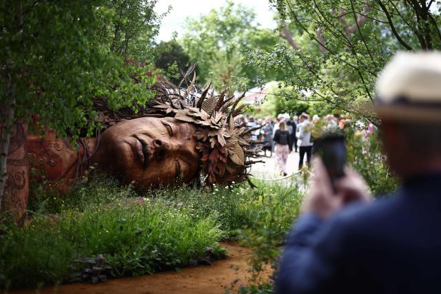 A visitor takes a photo of the Gaia in The Campaign to Protect Rural England's Garden: "On the Edge" on the press day ahead of the 2026 RHS Chelsea Flower Show in London on May 18, 2026. Emphasising nature's power to protect, a giant fallen tree in one garden has been carved into a sculpture of a sleeping guardian, Gaia, or Mother Nature. "The garden aims to bring to you the potential and the joy in the ordinary," said Sarah Eberle, designer of the Garden on the Edge from the Campaign for Protection of Rural England. (Photo by Henry Nicholls / AFP)