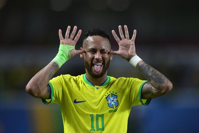 (FILES) Brazil's forward Neymar celebrates after scoring a goal during the 2026 FIFA World Cup South American qualifiers football match between Brazil and Bolivia at the Jornalista Edgar Proença 'Mangueirao' stadium, in Belem, state of Para, Brazil, on September 8, 2023. Brazil superstar Neymar was handed a dramatic recall to the country's World Cup squad on May 18, 2026, returning to the national team after a near three-year absence. (Photo by CARL DE SOUZA / AFP)