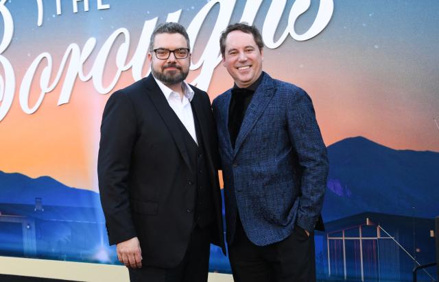 US producer Jeffrey Addiss (L) and writer Will Matthews (R) attend the premiere of Netflix's "The Boroughs" at the Egyptian theatre in Hollywood, California, on May 18, 2026. (Photo by Unique Nicole / AFP)