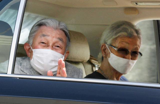 Japan's Emperor Emeritus Akihito (L) and Empress Emerita Michiko arrive at the Hayama Imperial Villa for a period of rest in Hayama Town, Kanagawa Prefecture on May 19, 2026. (Photo by JIJI PRESS / AFP) / Japan OUT