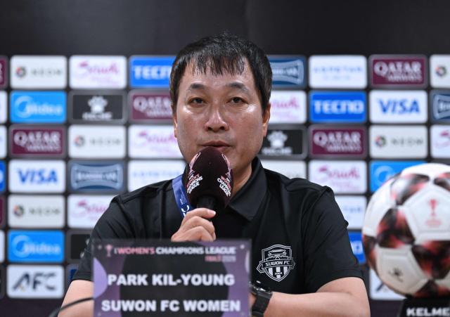 South Korea's Suwon FC Women head coach Park Kil-young attends a press conference at Suwon Sports Complex in Suwon on May 19, 2026, ahead of the Women's Asian Champions League semi-final football match against North Korea's Naegohyang Women's FC. (Photo by JUNG YEON-JE / POOL / AFP)