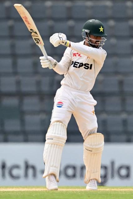 Pakistan’s Abdullah Fazal plays a shot during the fourth day of the second Test cricket match between Bangladesh and Pakistan at the Sylhet International Cricket Stadium in Sylhet on May 19, 2026. (Photo by MUNIR UZ ZAMAN / AFP)