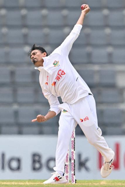 Bangladesh's Taijul Islam bowls during the fifth day of the second Test cricket match between Bangladesh and Pakistan at the Sylhet International Cricket Stadium in Sylhet on May 20, 2026. (Photo by MUNIR UZ ZAMAN / AFP)
