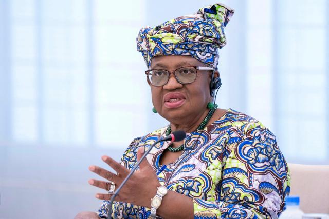 Director-General of the World Trade Organization (WTO) Ngozi Okonjo-Iweala speaks at a discussion with Chairman of Keidanren (Japan Business Federation) Yoshinobu Tsutsui and others in Tokyo on May 20, 2026. (Photo by Kazuhiro NOGI / AFP)