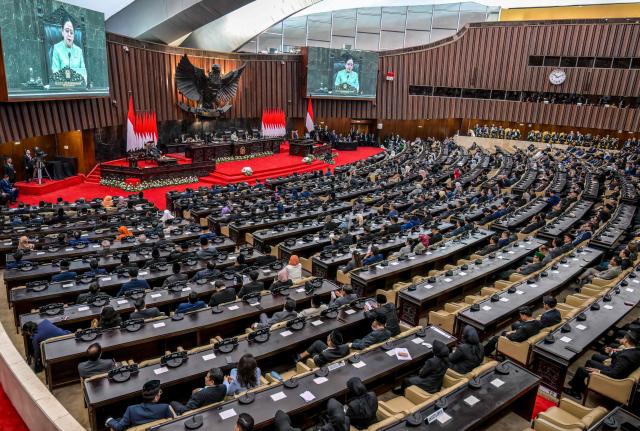 A general view before President Prabowo Subianto's speech on the macroeconomic framework to lawmakers at the Parliament building in Jakarta on May 20, 2026. (Photo by BAY ISMOYO / AFP)