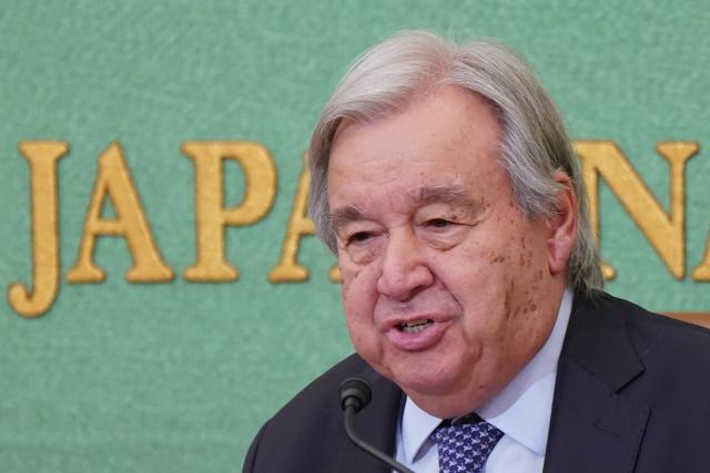 Secretary General of the United Nations Antonio Guterres delivers a speech during a press conference at the Japan National Press Club in Tokyo on May 20, 2026. (Photo by Kazuhiro NOGI / AFP)