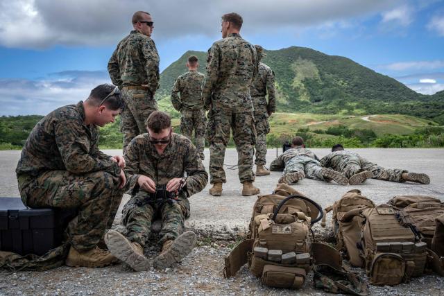 US Marines take part in a drone operator training course at the Camp Schwab in Nago, Okinawa prefecture on May 20, 2026. (Photo by Yuichi YAMAZAKI / AFP)